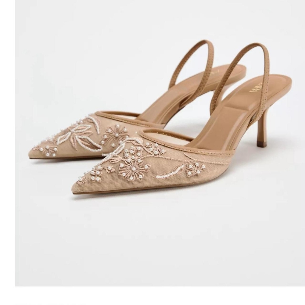 Zara Tan Floral Embroidered Heels